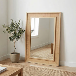 English Elm Natural Rattan Wrapped Solid Wood Rectangular Mirror Handcrafted Farmhouse Bathroom Entryway Natural Wood W2203P436617