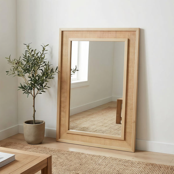 English Elm Natural Rattan Wrapped Solid Wood Rectangular Mirror Handcrafted Farmhouse Bathroom Entryway Natural Wood W2203P436617