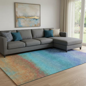 HomeRoots 9' X 12' Ombre Area Rug in Aqua, Orange & Copper - UV-Protected, Stain-Resistant for High-Traffic Spaces 710902
