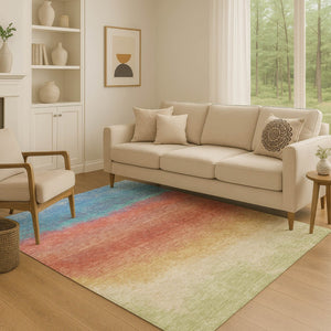 HomeRoots 8' Stylish Coral, Wheat & Blue Ombre Washable Round Rug – UV Protected, Stain Resistant, Non-Slip! 710918