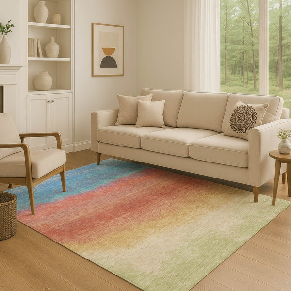 HomeRoots 8' Stylish Coral, Wheat & Blue Ombre Washable Round Rug – UV Protected, Stain Resistant, Non-Slip! 710918