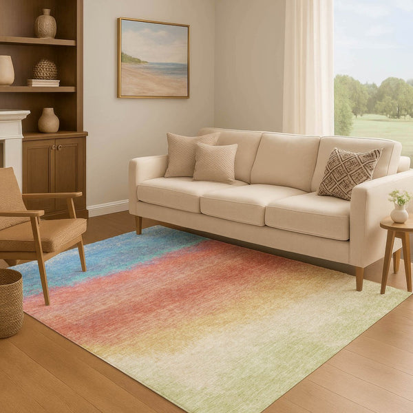 HomeRoots 8' Stylish Coral, Wheat & Blue Ombre Washable Round Rug – UV Protected, Stain Resistant, Non-Slip! 710918