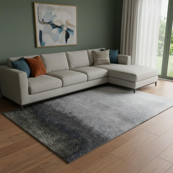 HomeRoots 9' X 12' Silver Gray to Black Ombre Area Rug - Stylish, Washable, UV Protected, Ideal for High Traffic Areas 710956