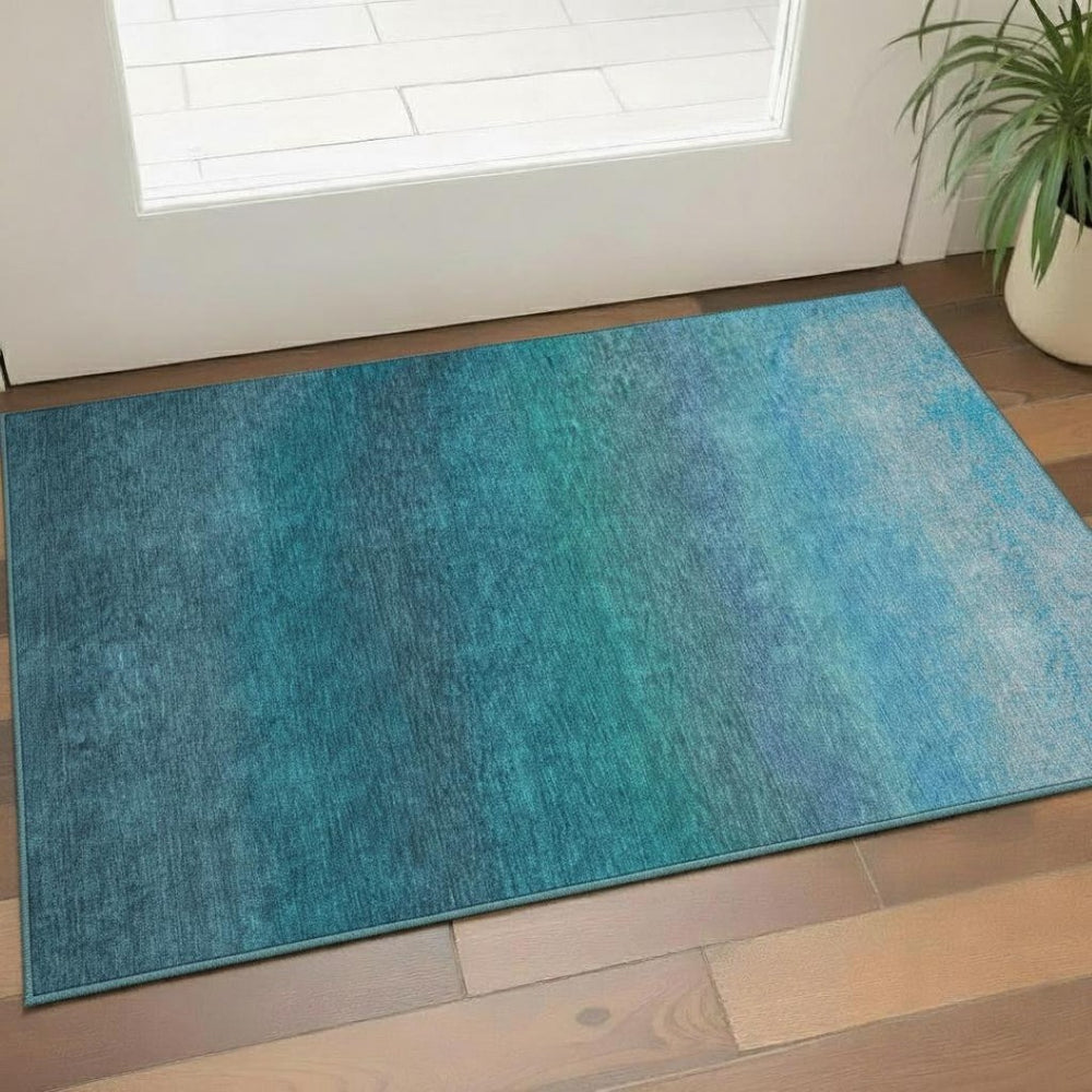 HomeRoots 5' Teal to Sky Blue Ombre Washable Area Rug – Soft, Durable, UV-Protected for Modern Homes! 710959
