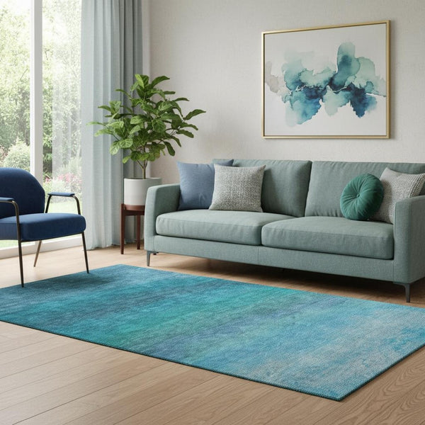 HomeRoots 8' Stylish Teal and Sky Blue Ombre Washable Round Rug with UV Protection for Modern Spaces 710960