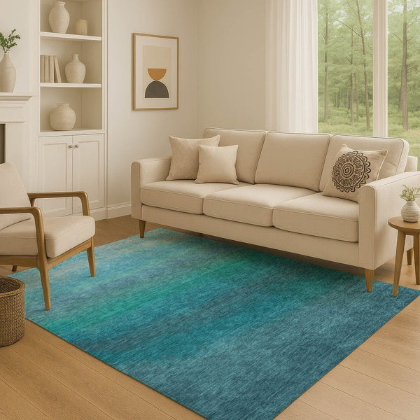 HomeRoots 9' X 12' Teal Ombre Area Rug - Stylish, Washable, UV-Protected, Perfect for Living Rooms & Playrooms 710962