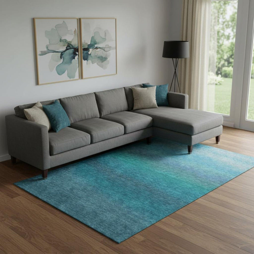 HomeRoots 10' Teal to Sky Blue Ombre Washable Area Rug - UV Protected, Durable, Stylish for High-Traffic Spaces 710963