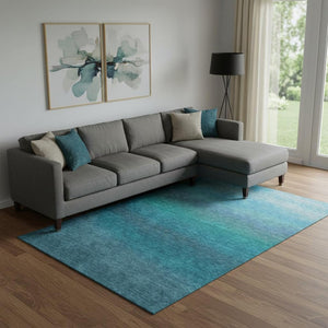 HomeRoots 10' Teal to Sky Blue Ombre Washable Area Rug - UV Protected, Durable, Stylish for High-Traffic Spaces 710963