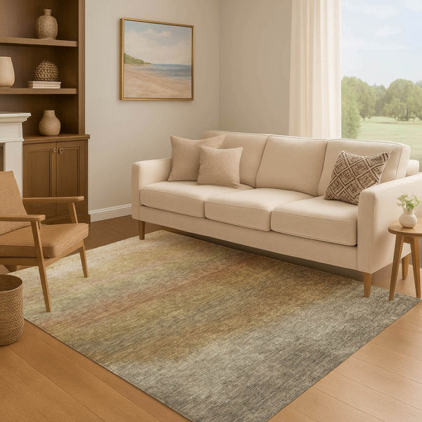 HomeRoots 5' X 8' Modern Ombre Taupe Beige & Gold Area Rug - Washable, UV-Protected, Stain-Resistant, Non-Slip 710965