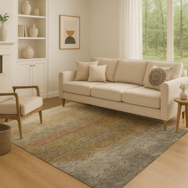 HomeRoots 8' Washable Round Rug in Taupe, Beige & Gold Ombre - Stain-Resistant, UV Protected, Durable Style 710966