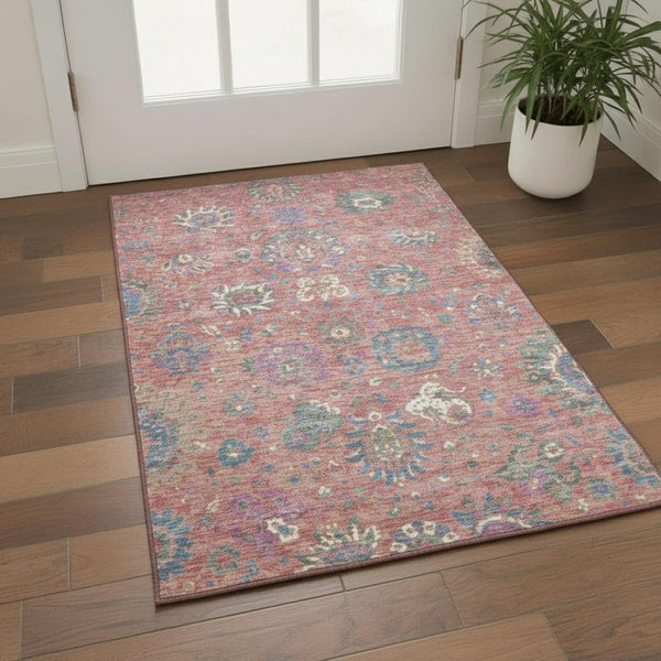 HomeRoots 5' X 8' Coral Blue & Ivory Oriental Area Rug - Washable, Stain Resistant, UV Protected & Non-Slip! 710971