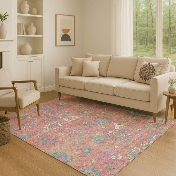 HomeRoots 5' X 8' Coral Blue & Ivory Oriental Area Rug - Washable, Stain Resistant, UV Protected & Non-Slip! 710971