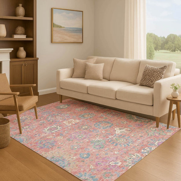 HomeRoots 5' X 8' Coral Blue & Ivory Oriental Area Rug - Washable, Stain Resistant, UV Protected & Non-Slip! 710971