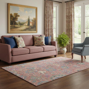 HomeRoots 8' Coral Blue and Ivory Oriental Round Rug - Durable, Washable, UV-Protected, Perfect for Families! 710972