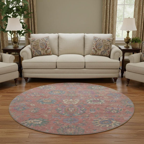 HomeRoots 8' X 10' Coral Blue & Ivory Oriental Area Rug - Washable, UV-Protected, Non-Slip for Easy Care! 710973