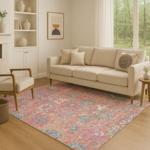 HomeRoots 10' X 14' Coral Blue & Ivory Washable Oriental Area Rug with UV Protection for Busy Homes 710975