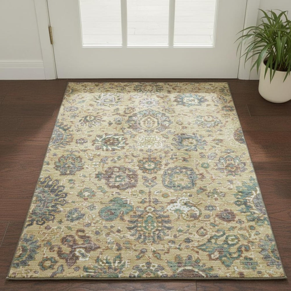 HomeRoots 5' x 8' Gold, Gray & Ivory Oriental Area Rug - Washable, UV-Protected, Stain-Resistant Design 710977