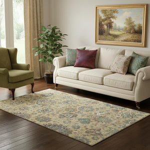 HomeRoots 8' Gold Gray Ivory Oriental Washable Round Rug – Durable, Stain-Resistant, UV Protected Elegance 710978