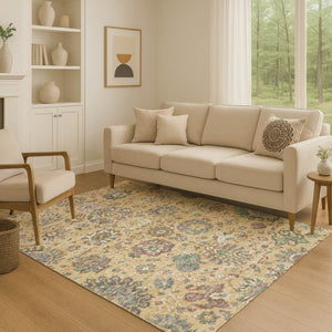 HomeRoots 8' Gold Gray Ivory Oriental Washable Round Rug – Durable, Stain-Resistant, UV Protected Elegance 710978