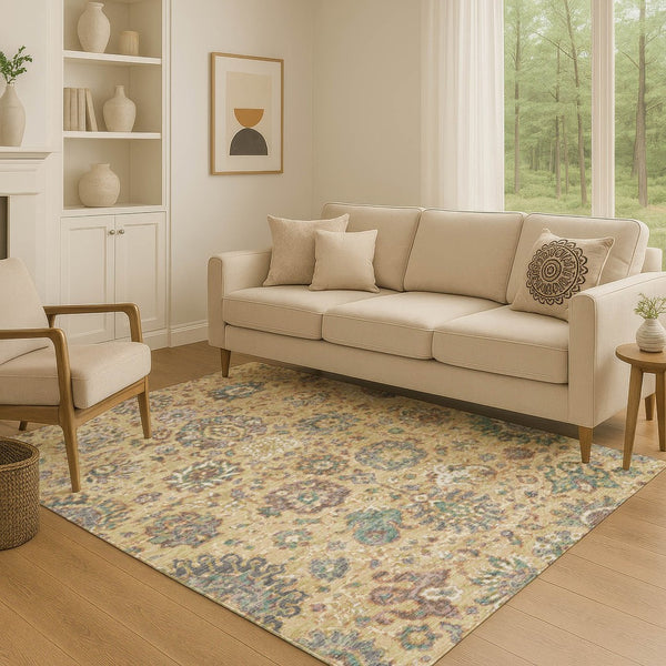HomeRoots 8' Gold Gray Ivory Oriental Washable Round Rug – Durable, Stain-Resistant, UV Protected Elegance 710978