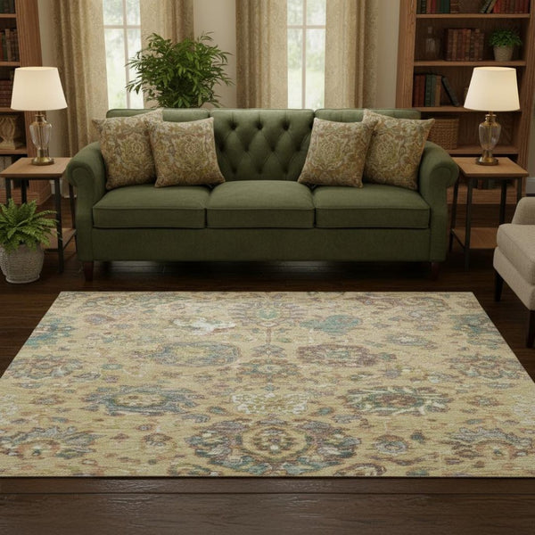 HomeRoots 8' X 10' Washable Gold Gray Ivory Oriental Area Rug with UV Protection for Stylish Family Living 710979