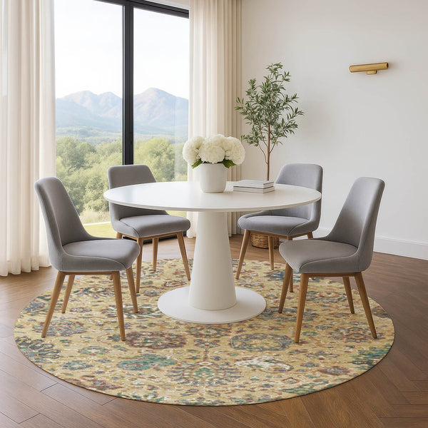 HomeRoots 8' X 10' Washable Gold Gray Ivory Oriental Area Rug with UV Protection for Stylish Family Living 710979