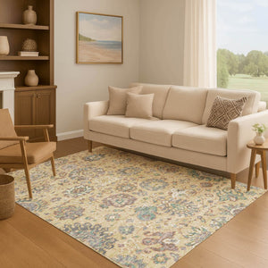 HomeRoots 9' X 12' Gold Gray Ivory Oriental Rug – Washable, UV Protected, Durable for Homes with Kids & Pets 710980
