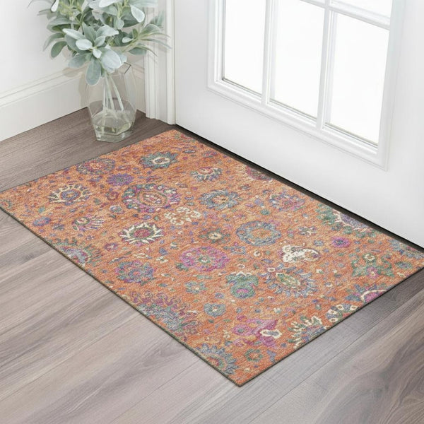 HomeRoots 5' X 8' Vibrant Orange, Blue & Pink Oriental Washable Area Rug with UV Protection for Your Home 710983