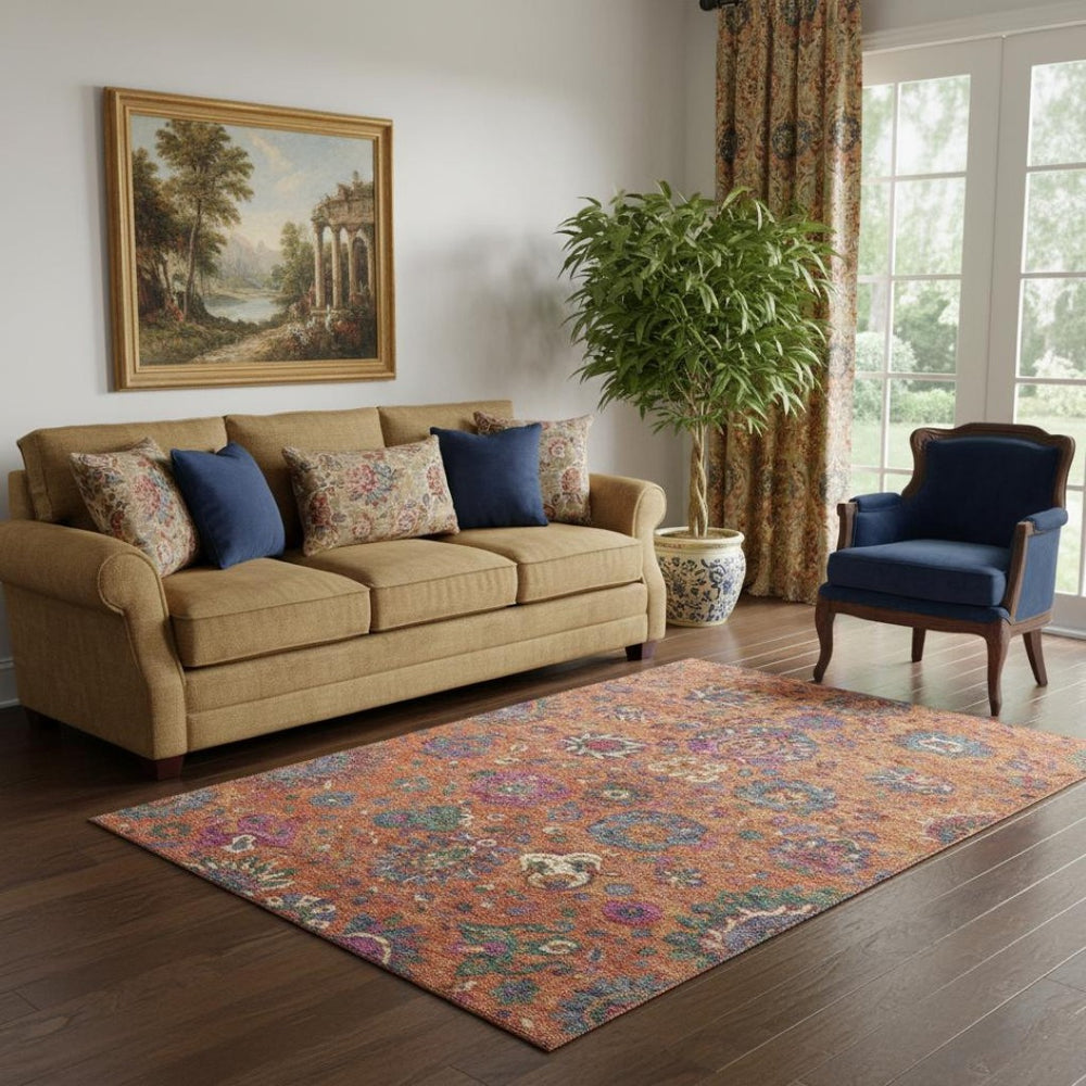 HomeRoots 8' Vibrant Orange, Blue & Pink Oriental Round Rug - Washable, UV-Protected, Kid & Pet Friendly! 710984