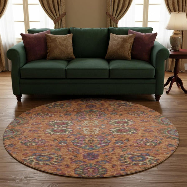 HomeRoots 8' Vibrant Orange, Blue, and Pink Oriental Washable Area Rug with UV Protection for High-Traffic Areas 710985