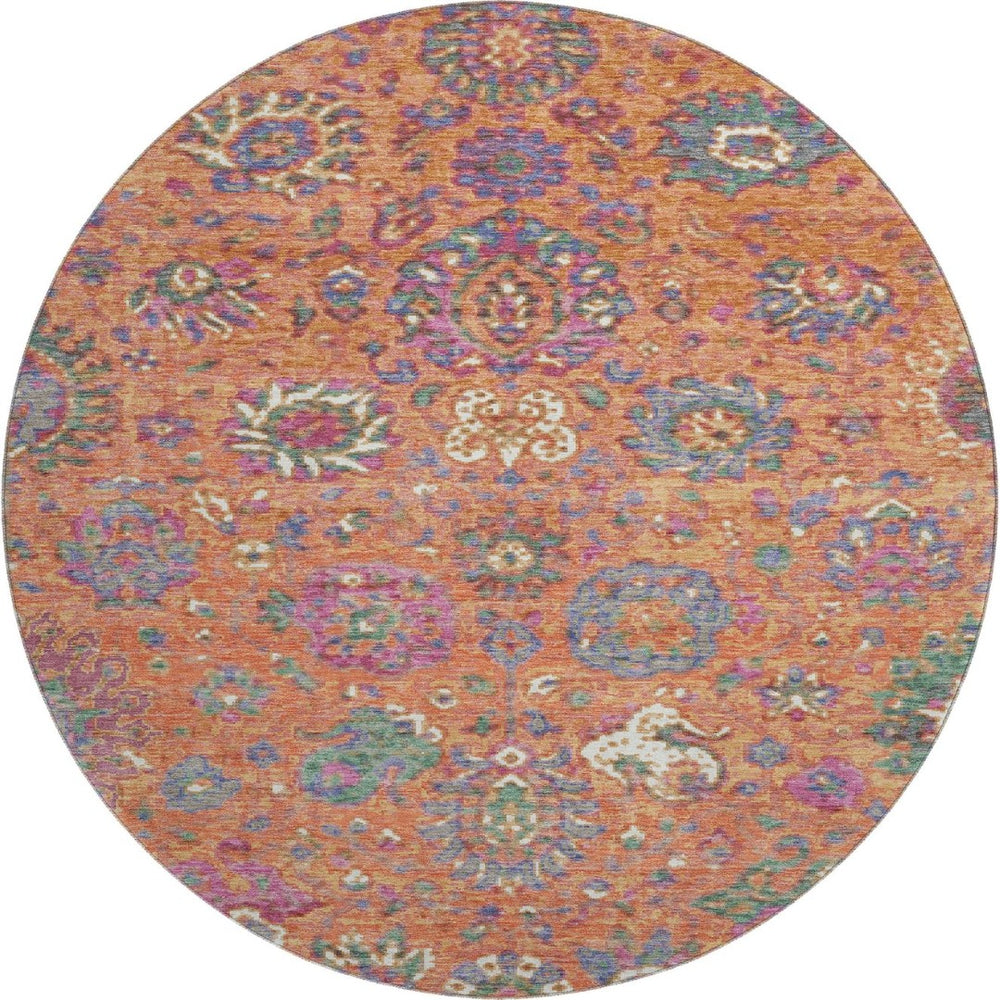 HomeRoots 8' Vibrant Orange, Blue, and Pink Oriental Washable Area Rug with UV Protection for High-Traffic Areas 710985