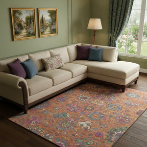 HomeRoots 10' X 14' Vibrant Orange, Blue & Pink Oriental Area Rug - Durable, Washable & UV Protected for Homes 710987