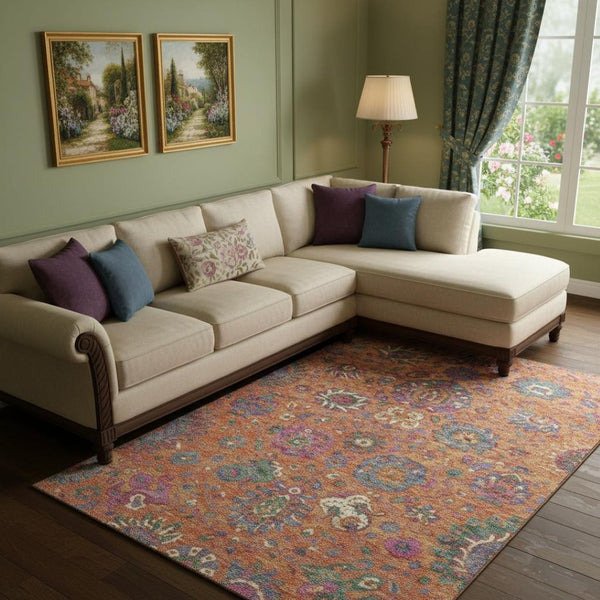 HomeRoots 10' X 14' Vibrant Orange, Blue & Pink Oriental Area Rug - Durable, Washable & UV Protected for Homes 710987