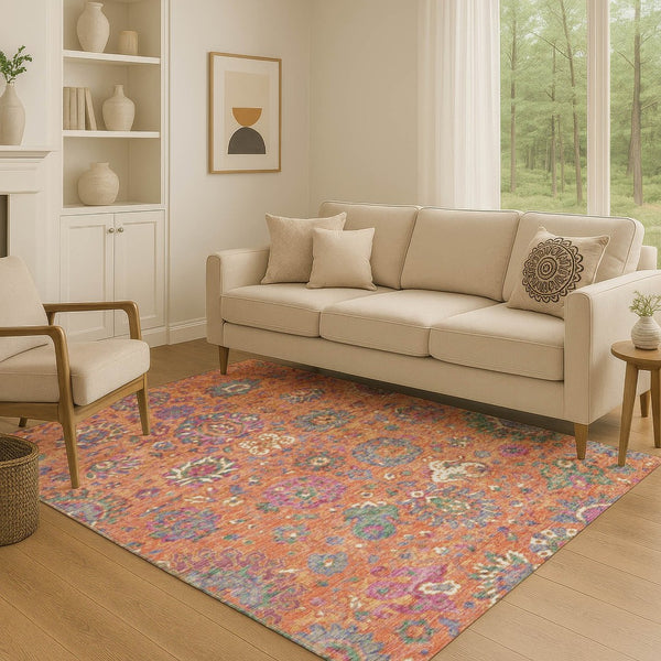 HomeRoots 10' X 14' Vibrant Orange, Blue & Pink Oriental Area Rug - Durable, Washable & UV Protected for Homes 710987