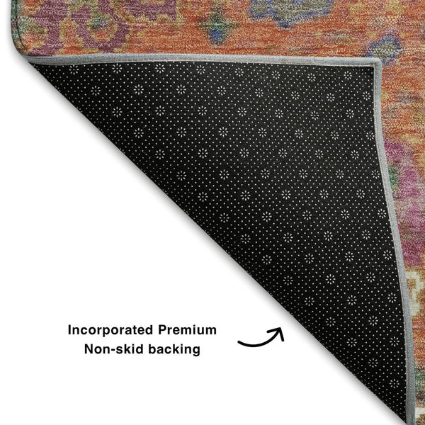 HomeRoots 10' X 14' Vibrant Orange, Blue & Pink Oriental Area Rug - Durable, Washable & UV Protected for Homes 710987