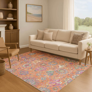 HomeRoots 10' X 14' Vibrant Orange, Blue & Pink Oriental Area Rug - Durable, Washable & UV Protected for Homes 710987