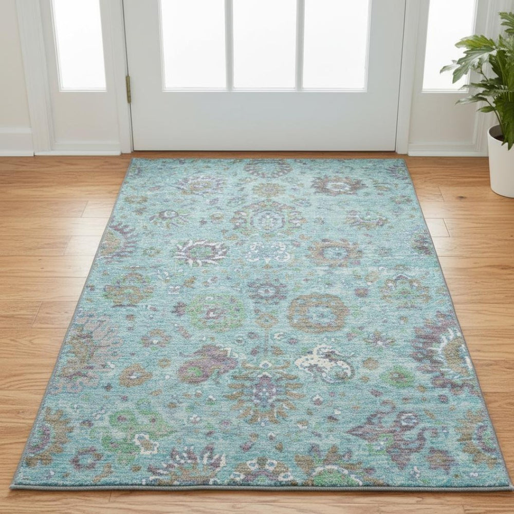 HomeRoots 5' X 8' Teal Gray Ivory Oriental Area Rug – Washable, Stain-Resistant, UV Protected for High Traffic Areas 710989