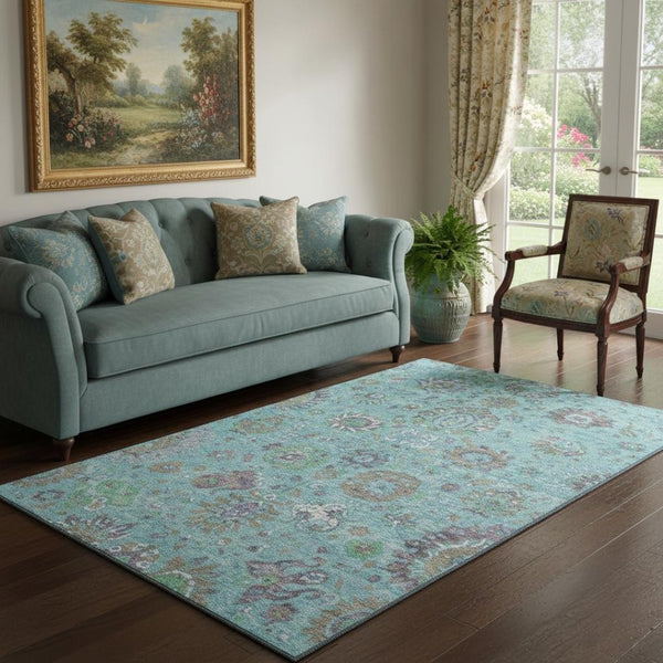 HomeRoots 8' Teal Gray and Ivory Round Oriental Washable Rug with UV Protection - Durable, Stylish & Easy Care 710990