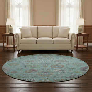 HomeRoots 8' X 10' Teal Gray & Ivory Oriental Washable Area Rug – Stain Resistant with UV Protection, Soft Comfort! 710991