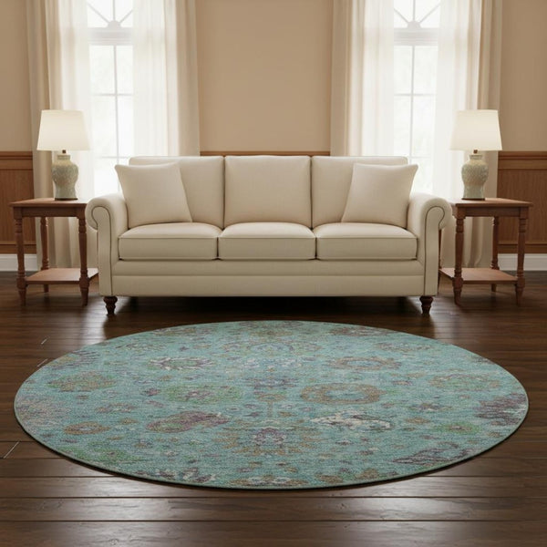 HomeRoots 8' X 10' Teal Gray & Ivory Oriental Washable Area Rug – Stain Resistant with UV Protection, Soft Comfort! 710991