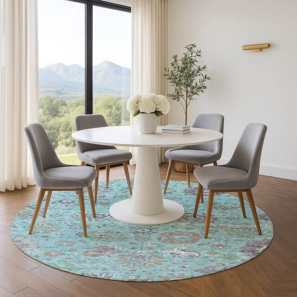 HomeRoots 8' X 10' Teal Gray & Ivory Oriental Washable Area Rug – Stain Resistant with UV Protection, Soft Comfort! 710991