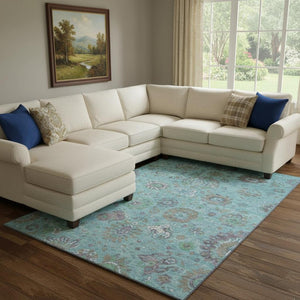 HomeRoots 9' X 12' Teal Gray Ivory Oriental Area Rug - Washable, UV Protected, Stain Resistant, Non-Slip Backing 710992