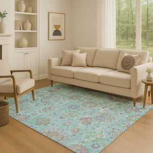 HomeRoots 9' X 12' Teal Gray Ivory Oriental Area Rug - Washable, UV Protected, Stain Resistant, Non-Slip Backing 710992