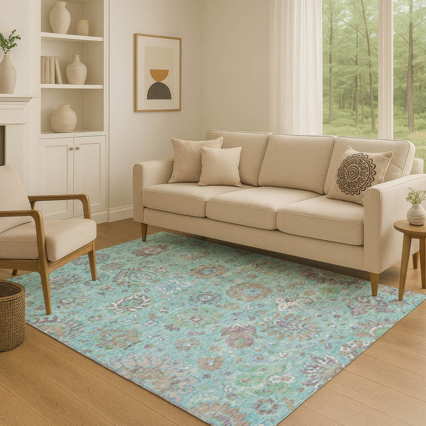 HomeRoots 9' X 12' Teal Gray Ivory Oriental Area Rug - Washable, UV Protected, Stain Resistant, Non-Slip Backing 710992
