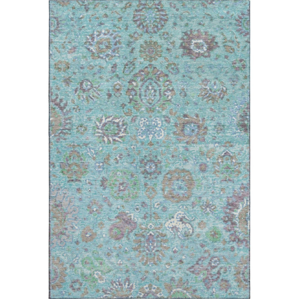 HomeRoots 9' X 12' Teal Gray Ivory Oriental Area Rug - Washable, UV Protected, Stain Resistant, Non-Slip Backing 710992