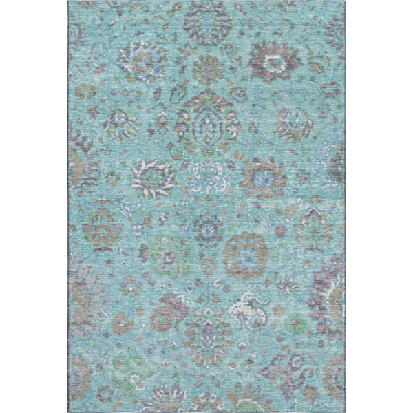 HomeRoots 9' X 12' Teal Gray Ivory Oriental Area Rug - Washable, UV Protected, Stain Resistant, Non-Slip Backing 710992