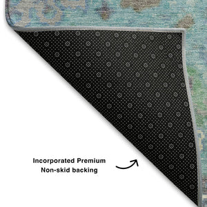 HomeRoots 9' X 12' Teal Gray Ivory Oriental Area Rug - Washable, UV Protected, Stain Resistant, Non-Slip Backing 710992
