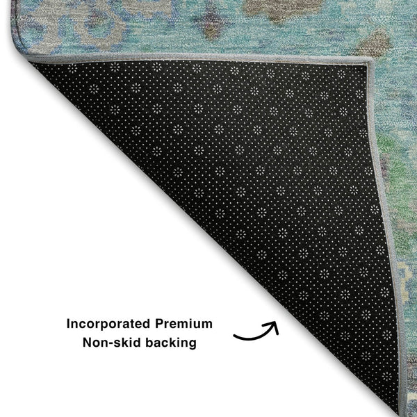 HomeRoots 9' X 12' Teal Gray Ivory Oriental Area Rug - Washable, UV Protected, Stain Resistant, Non-Slip Backing 710992