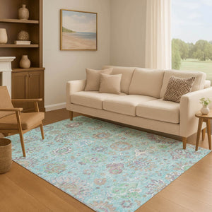 HomeRoots 9' X 12' Teal Gray Ivory Oriental Area Rug - Washable, UV Protected, Stain Resistant, Non-Slip Backing 710992