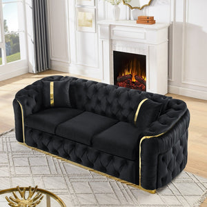English Elm 2pcs Italian Velvet Chesterfield Sofa Set Tufted Three Seater with Gold Steel Legs W1191S00042